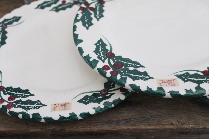 vintage spongeware stoneware Christmas holly salad plates, Crock Shop California studio pottery
