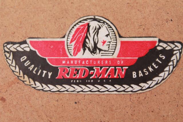 vintage square shape red wicker picnic basket w/ insert shelf, Red-Man label