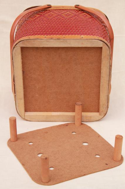 vintage square shape red wicker picnic basket w/ insert shelf, Red-Man label