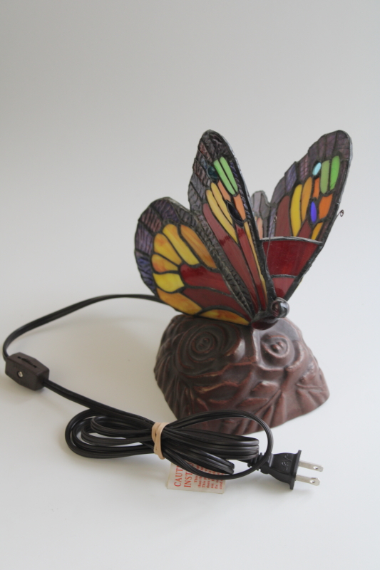 vintage stained glass butterfly lamp or night light, leaded glass rainbow color wings
