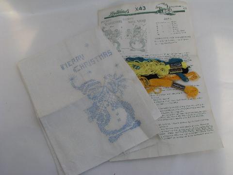 vintage stamped linen guest towels to embroider, Christmas snowmen