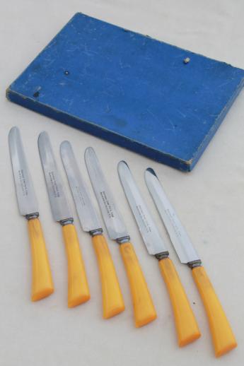 vintage steak knives set with early plastic (butterscotch bakelite