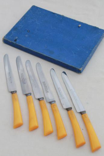 Vintage Set of Six Stainless Steel and Plastic Steak Knives With