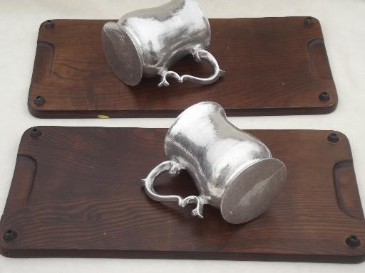 vintage steak plate holders, wood tavern trays w/ pewter aluminum tankard cups