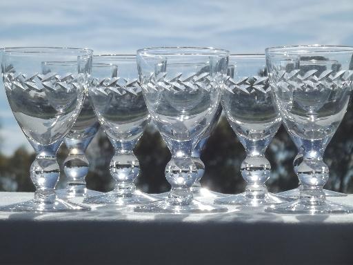 vintage stemware, cut laurel ball stem wine glasses set of 8 