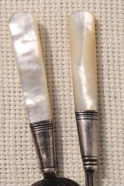 vintage sterling silver cheese server & prawn fork w/ mother of pearl shell handles