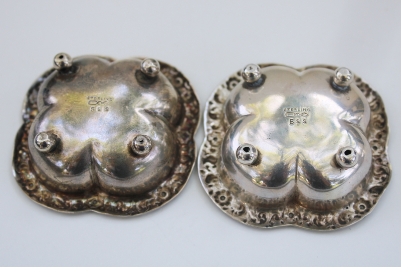 vintage sterling silver salt cellars w/ miniature spoons, master salt dishes or tiny bowls for sugar