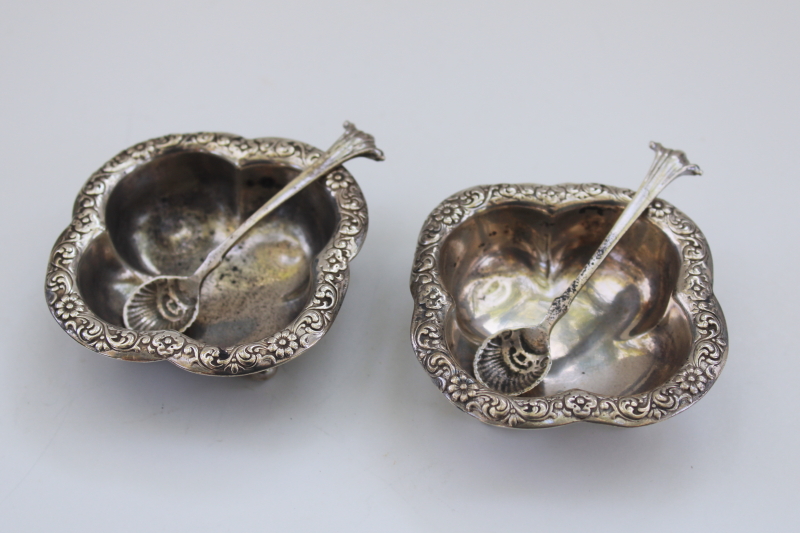 vintage sterling silver salt cellars w/ miniature spoons, master salt dishes or tiny bowls for sugar