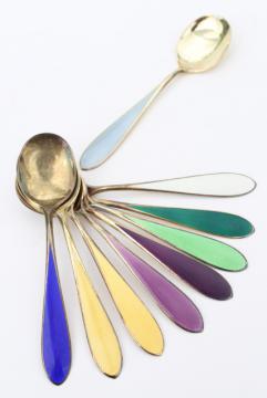 vintage sterling silver tea spoons, guilloche colored enamel, Norway or Denmark