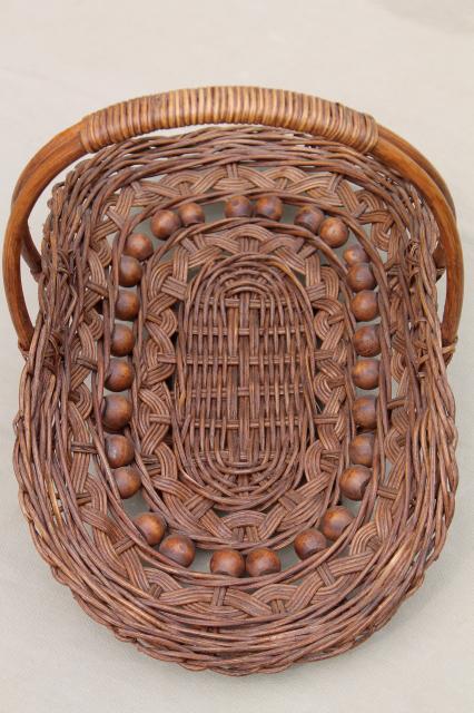 vintage stick & ball wicker basket w/ wood beads, cottage garden flower basket trug