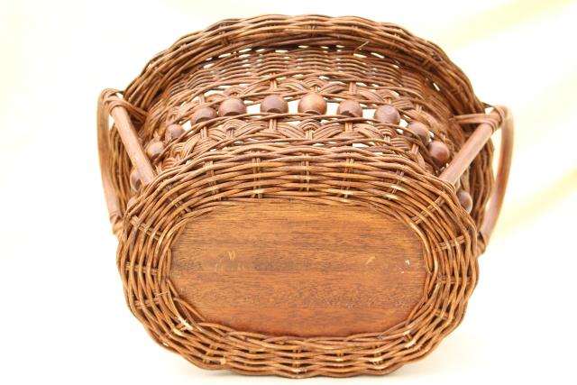 vintage stick & ball wicker basket w/ wood beads, old sewing / mending basket