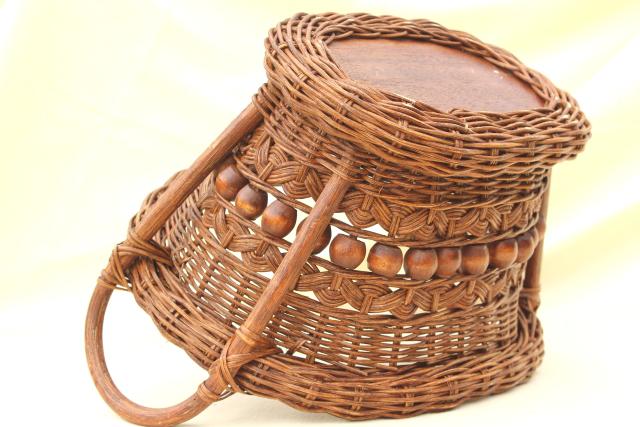 vintage stick & ball wicker basket w/ wood beads, old sewing / mending basket