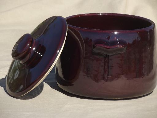 vintage stoneware bean pot, West Bend brown glazed pottery crock w/ lid
