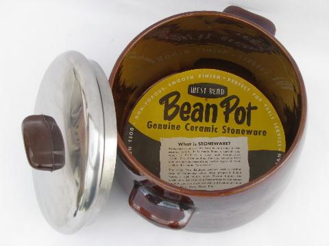 vintage stoneware bean pot, West Bend electric cooker w/ original label