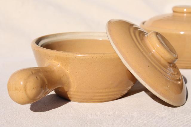 vintage stoneware covered soup / chowder bowls, stick handle casserole dishes set