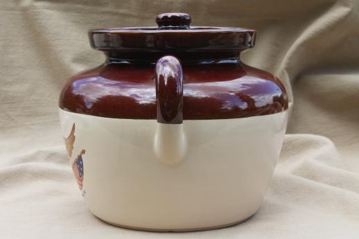 vintage stoneware crock bean pot, 1976 Americana US flag & eagle