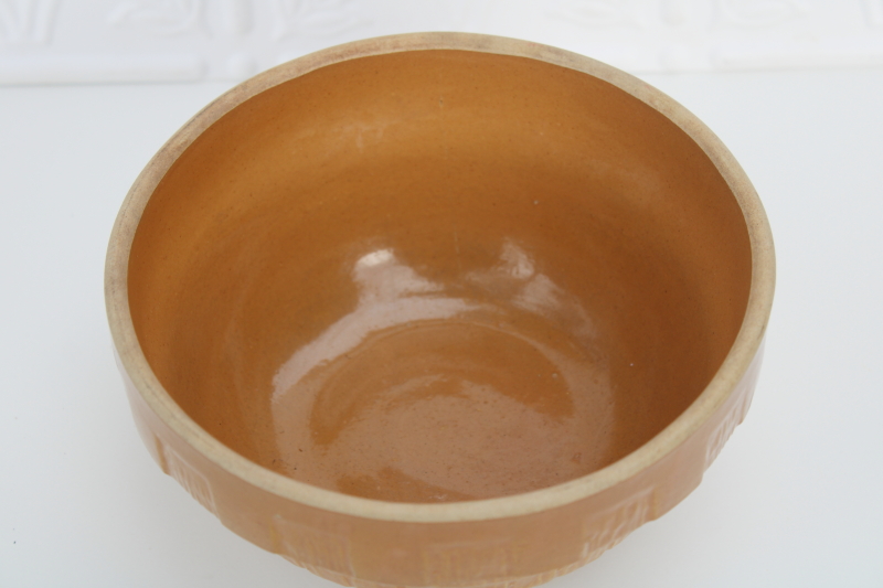 vintage stoneware crock bowl USA pottery w/ russet brown glaze, rustic country farmhouse decor