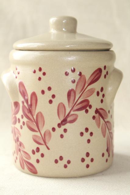 vintage stoneware crock w/ lid, hand painted barn red BBP Beaumont Brothers pottery