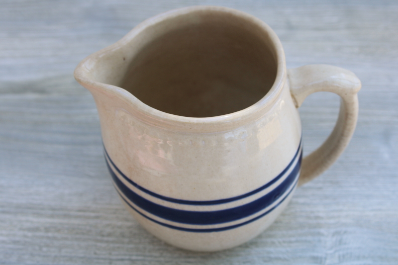 vintage stoneware milk jug pitcher, old blue band pottery country farmhouse decor
