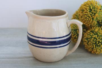 vintage stoneware milk jug pitcher, old blue band pottery country farmhouse decor