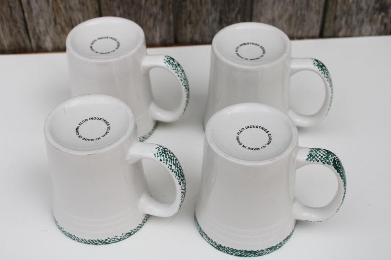 vintage stoneware mugs green sponge band w/ rooster set of four, Alco China pottery