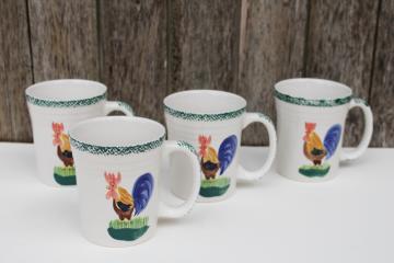 vintage stoneware mugs green sponge band w/ rooster set of four, Alco China pottery