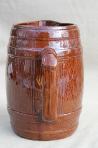 vintage stoneware pottery beer barrel pitcher, old oak banded barrel pattern