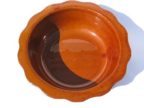 vintage stoneware pottery bowl w/ brown glaze, scalloped edge