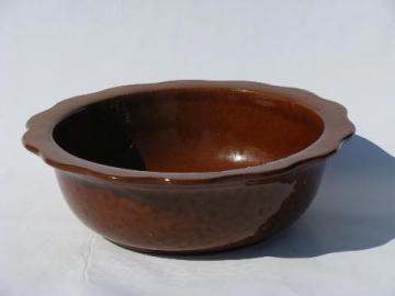 vintage stoneware pottery bowl w/ brown glaze, scalloped edge
