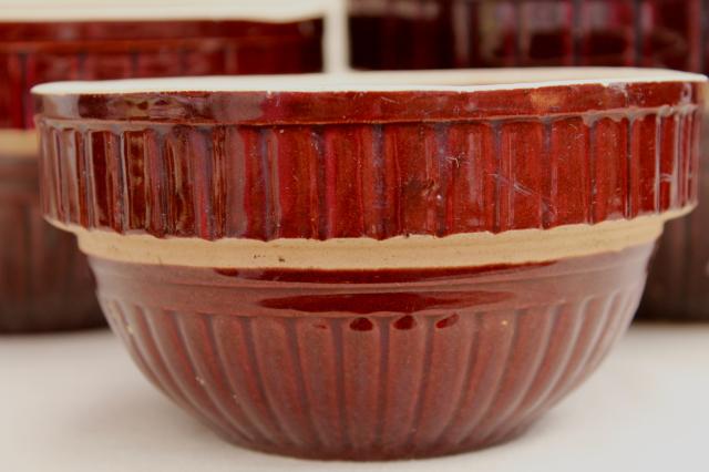 vintage stoneware pottery bowls, rockingham brown glaze bowl nest stack & big mixing bowls