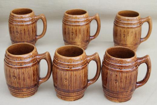 vintage stoneware pottery old oaken barrel tankards, beer steins or cider mugs