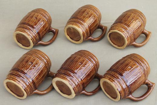 vintage stoneware pottery old oaken barrel tankards, beer steins or cider mugs
