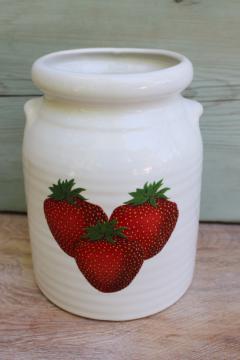 vintage stoneware pottery spoon holder crock jar, red strawberries country kitchen decor