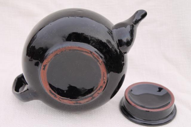 vintage stoneware pottery teapot, big heavy old tea pot w/ black glaze