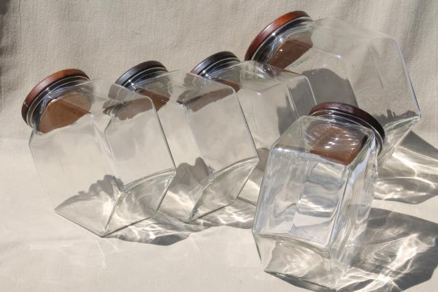 vintage store counter style glass canister jars w/ wood lids, canisters set & cookie / cracker jar