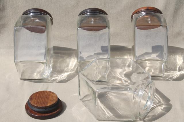 vintage store counter style glass canister jars w/ wood lids, canisters set & cookie / cracker jar