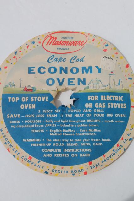 vintage stove top oven tater baker for potatoes or warming leftovers, Cape Cod Economy Oven label