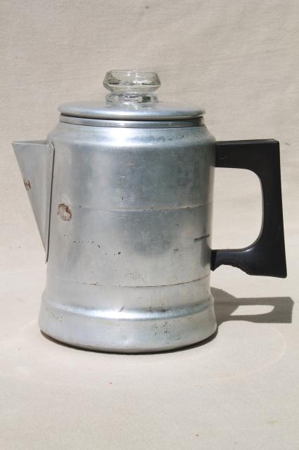 vintage stovetop coffee percolators, 2 cup & 5 cup aluminum coffeepots for camping