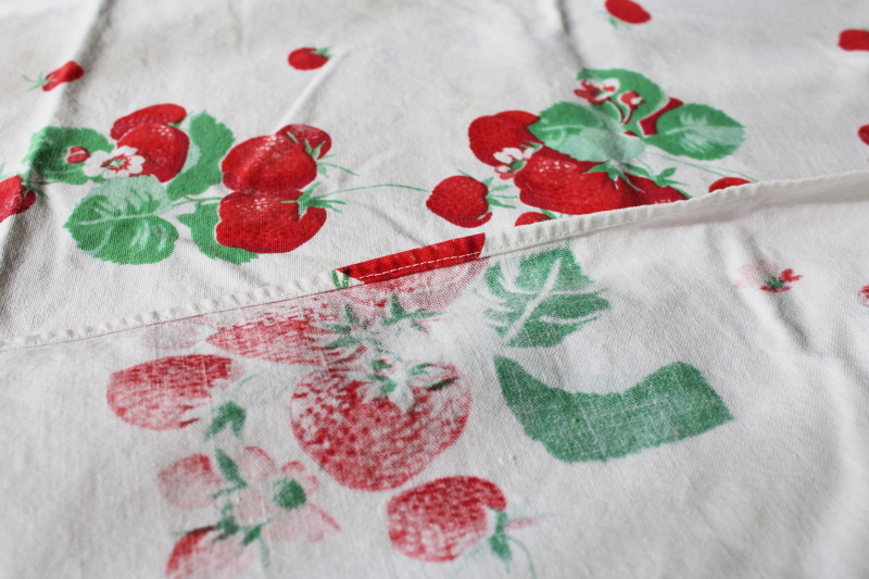 vintage strawberry print cotton tablecloth for upcycle fabric or retro kitchen