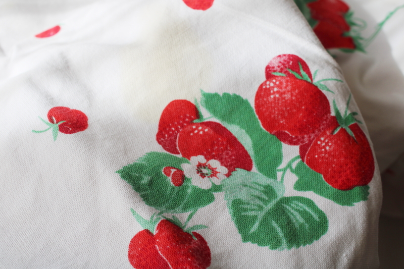 vintage strawberry print cotton tablecloth for upcycle fabric or retro kitchen