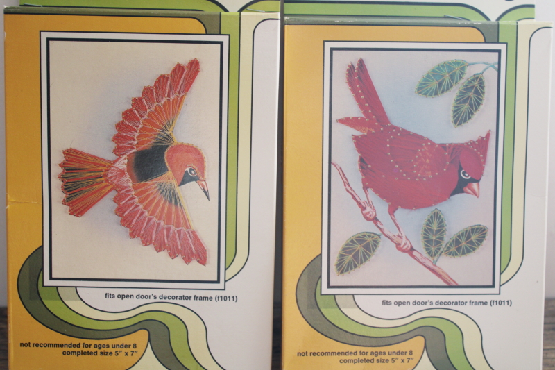 vintage string art picture kits sealed, color print birds design w/ nails