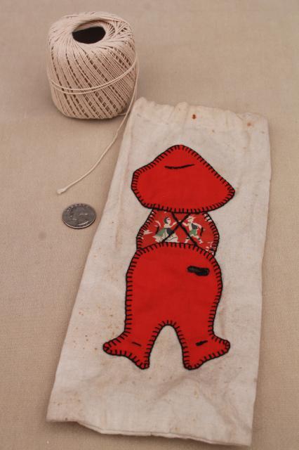 vintage string holder for laundry, sewing room, kitchen - Overalls Sam patchwork applique