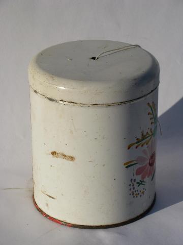 vintage string holder, old Ransburg hand-painted toleware kitchen canister