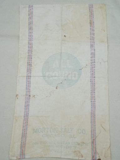 vintage striped feedsack fabric kitchen towels printed w/ old advertising