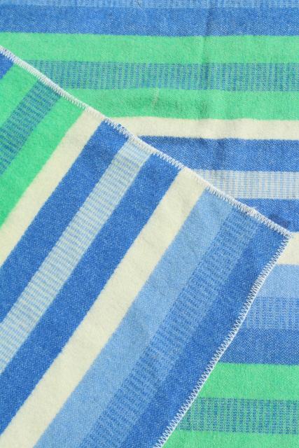 vintage striped wool camp blanket, summer cottage beach colors blue & mint green