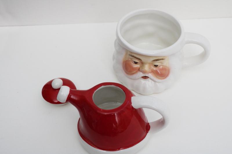 vintage style Christmas teapot & cup for one, Santa face mug w/ red hat pot on head