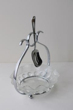 vintage sugar cube server, rosette pattern glass dish w/ silver chrome stand & spoon