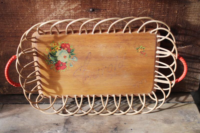 vintage summer camp arts & crafts wood tray w/ reed border, rustic decor