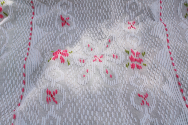 vintage summer weight chenille bedspread, sheer poly cotton, girly cottage roses