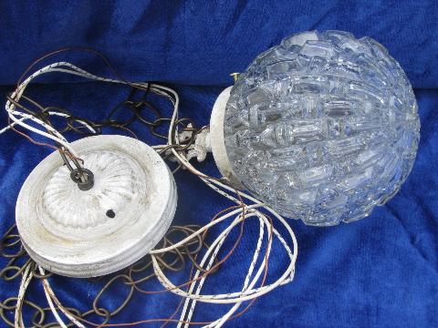 vintage swag lamp, white w/ crystal glass shade, french chandelier style